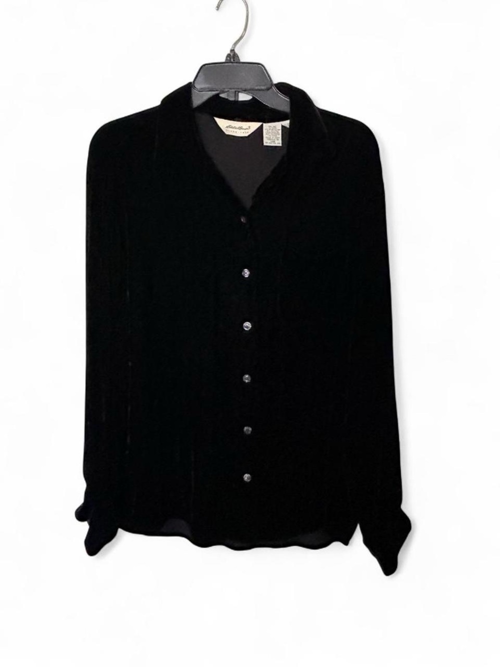 Eddie Bauer black silk blend velvet button-up blouse Dark Academia Whimsigoth L